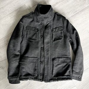 H&M Winter Jacket Size 36 Regular Black Men's Coat Full Zip Removal Hood Miltary